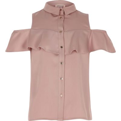 Blush pink cold shoulder frill shirt